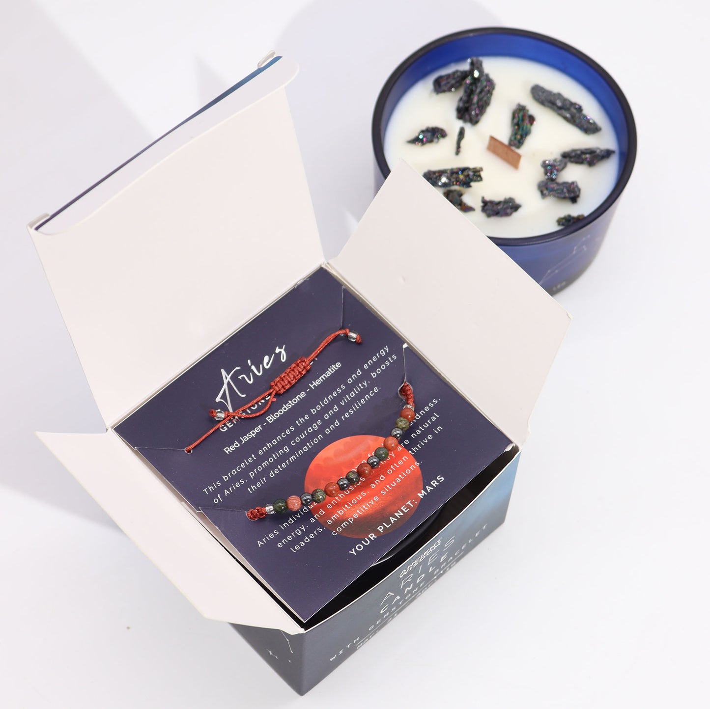 Aries Zodiac Crystal Candle With Red Jasper, Bloodstone & Hematite Gemstone Bracelet - Bath & Soak