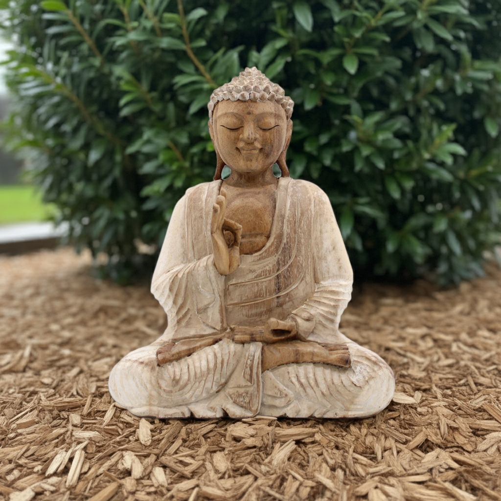 Buddha Teaching Statue Whitewash: Hand-Carved Suar Wood - 30cm