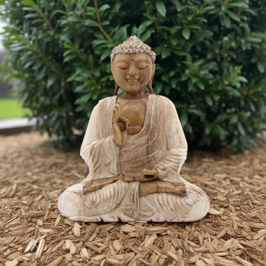 Buddha Teaching Statue Whitewash: Hand-Carved Suar Wood - 30cm