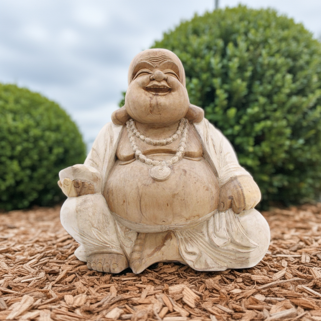 Happy Buddha: Serene Whitewash Wood Statue - 50cm