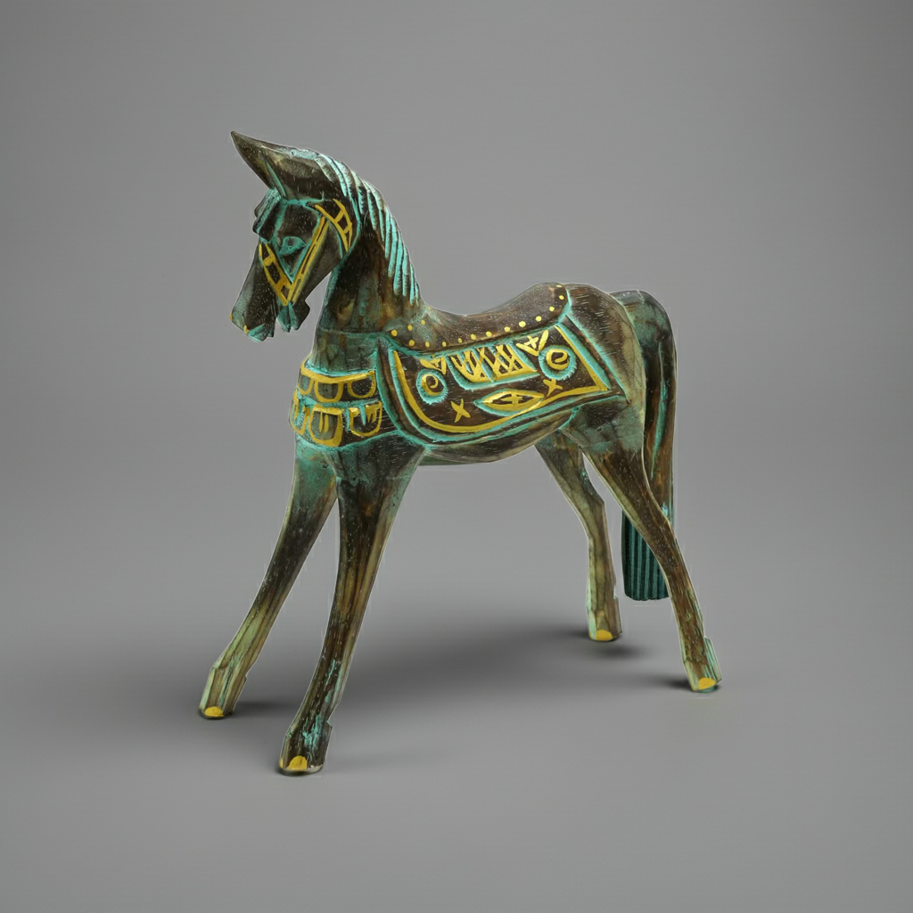 Large Gold & Turquoise Horse: Hand-Carved Albasia Wood - 32cm