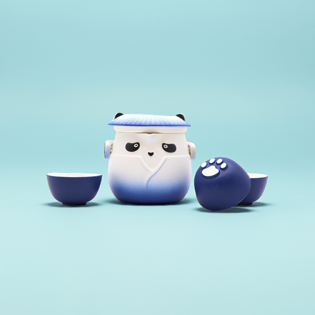 Sky Blue Panda Teapot Set: Travel-Friendly Tea - 3 Cups