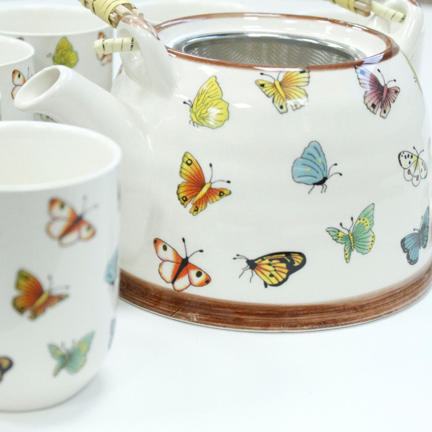 Herbal Teapot Set: Strainer & 6 Cups - Butterflies Pattern