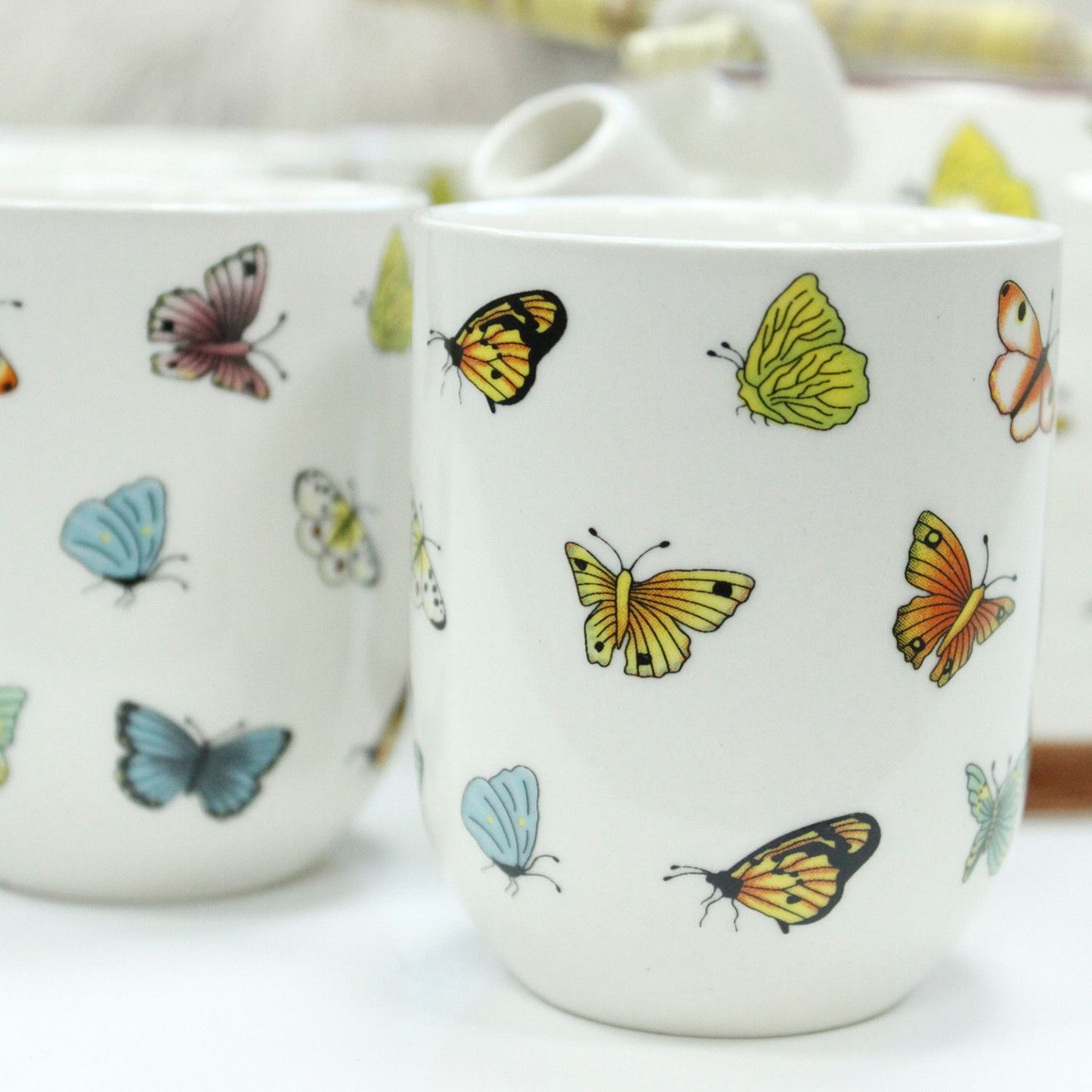 Herbal Teapot Set: Strainer & 6 Cups - Butterflies Pattern