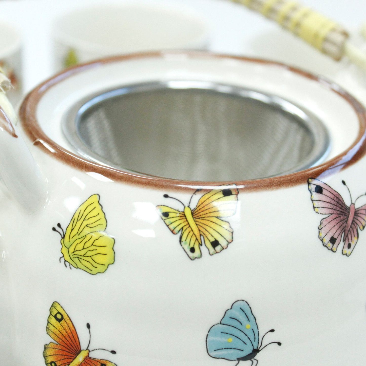 Herbal Teapot Set: Strainer & 6 Cups - Butterflies Pattern