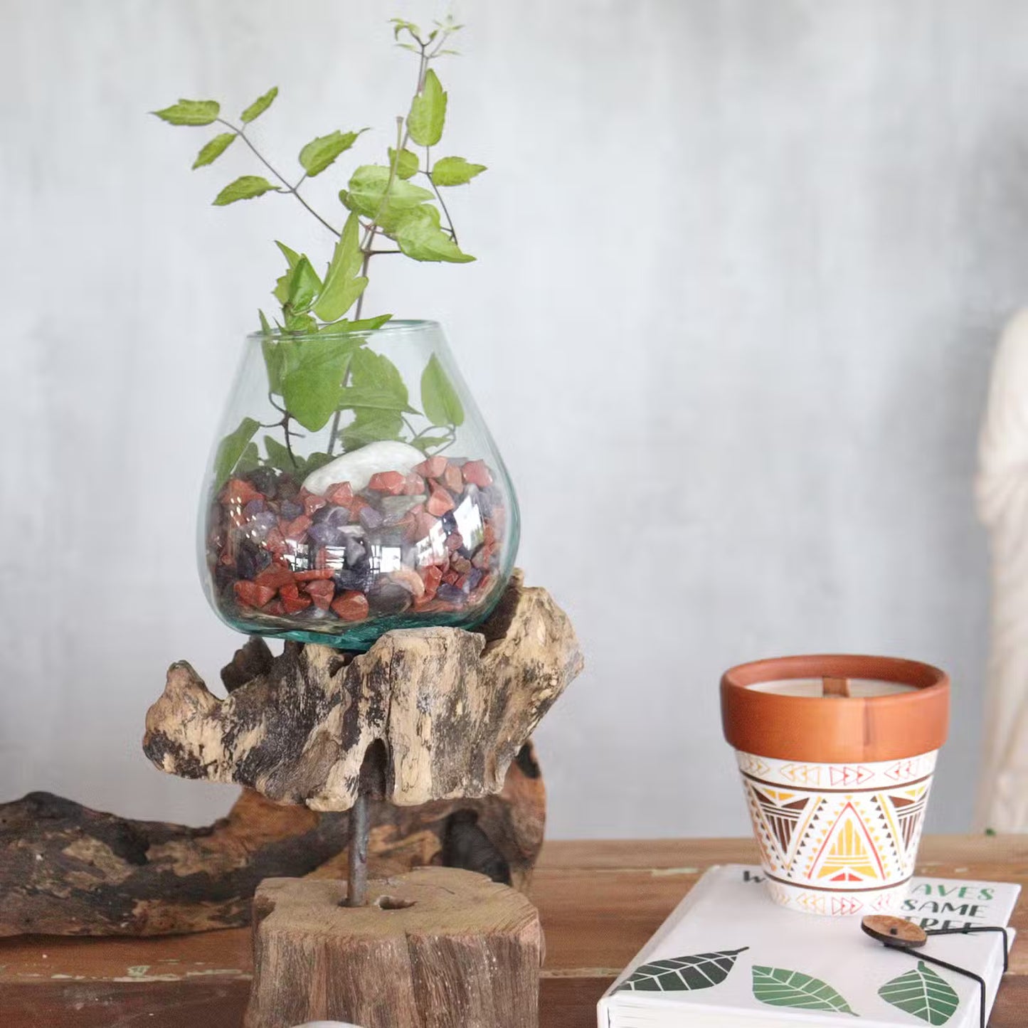 Unique Recycled Glass & Wood Vase: Balinese Art Home Decor