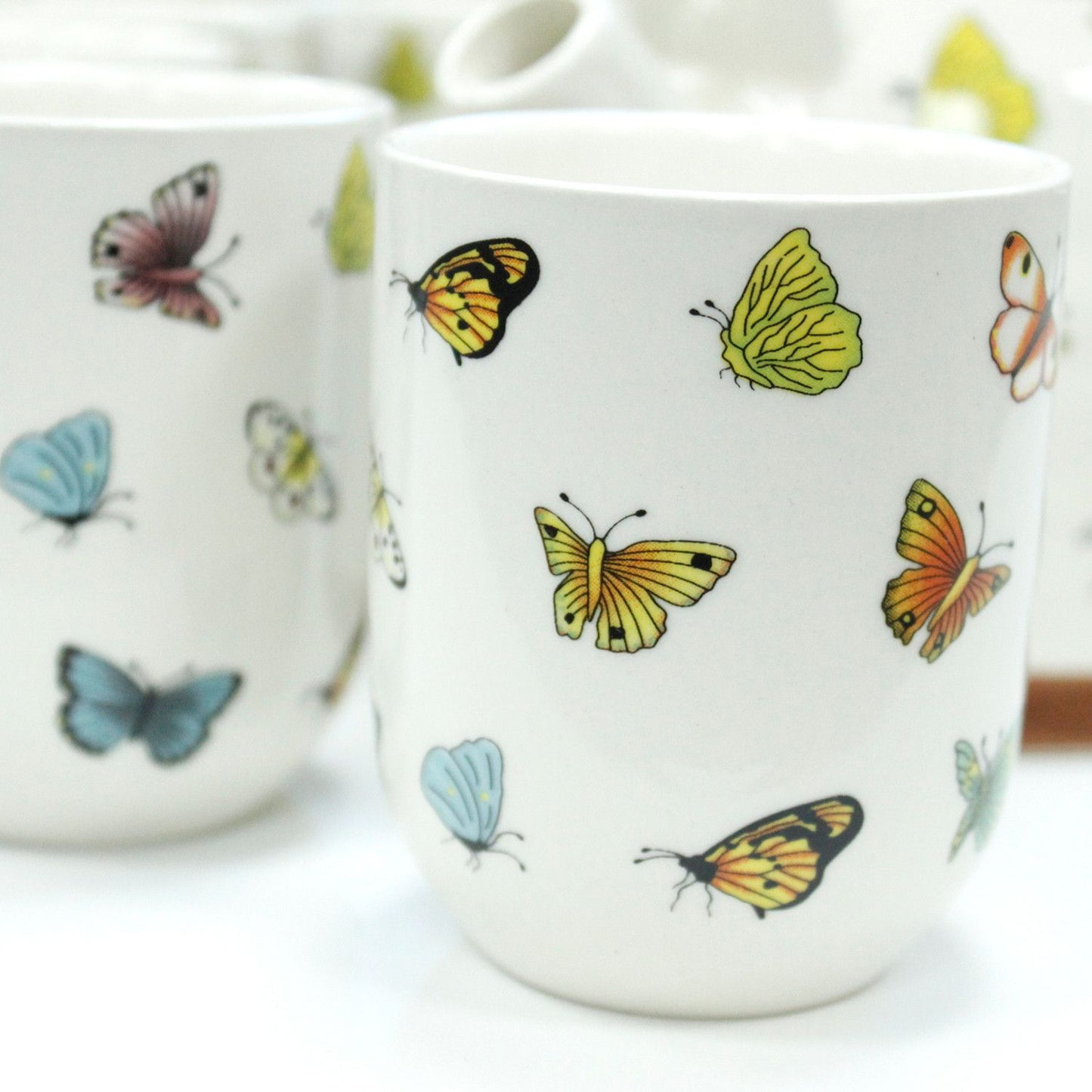 Herbal Teapot Set: Strainer & 6 Cups - Butterflies Pattern