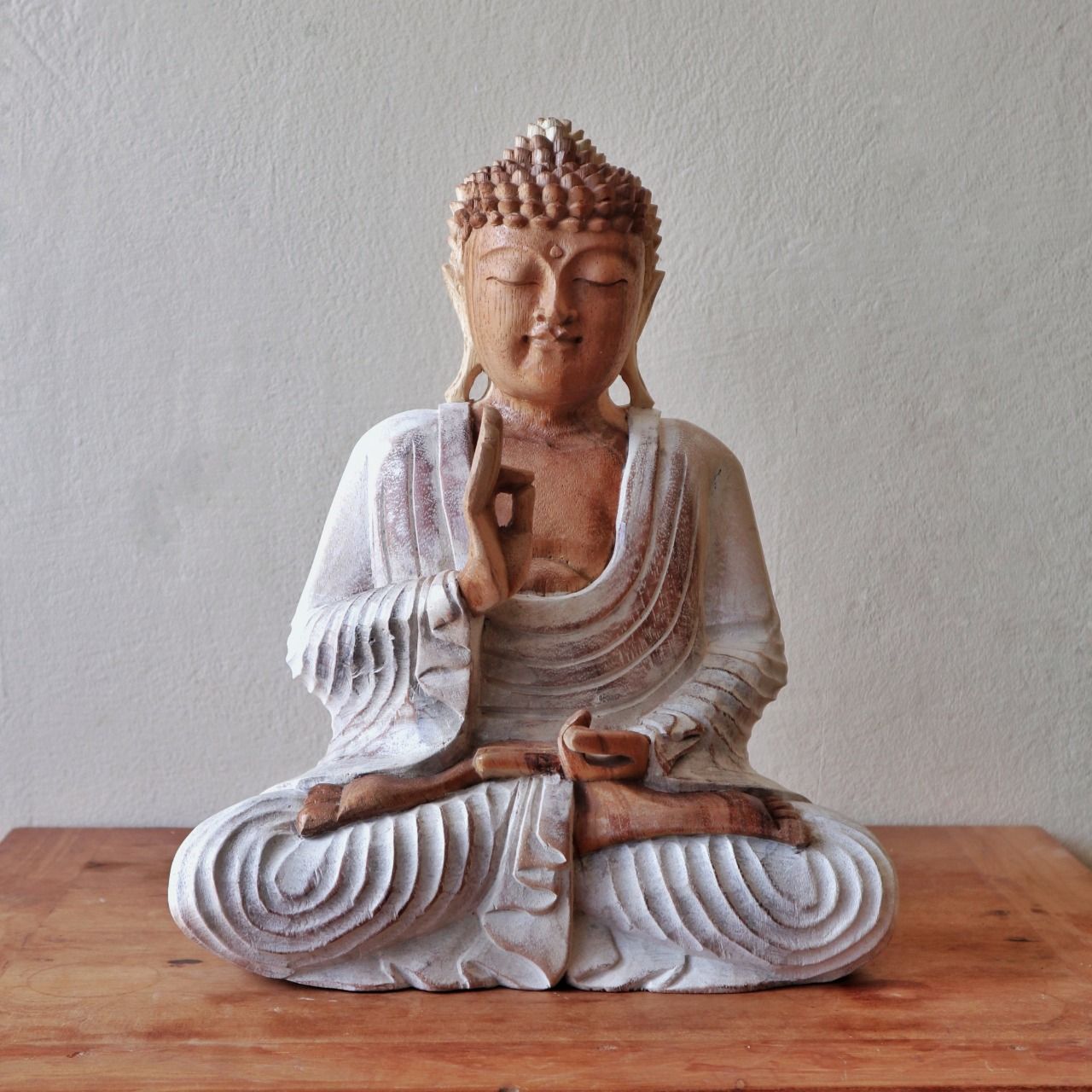 Wooden Buddha Statue: Whitewash Teaching Pose - 40cm