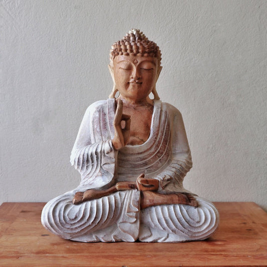 Wooden Buddha Statue: Whitewash Teaching Pose - 40cm