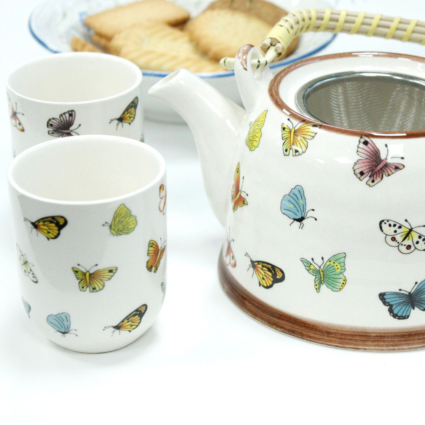 Herbal Teapot Set: Strainer & 6 Cups - Butterflies Pattern