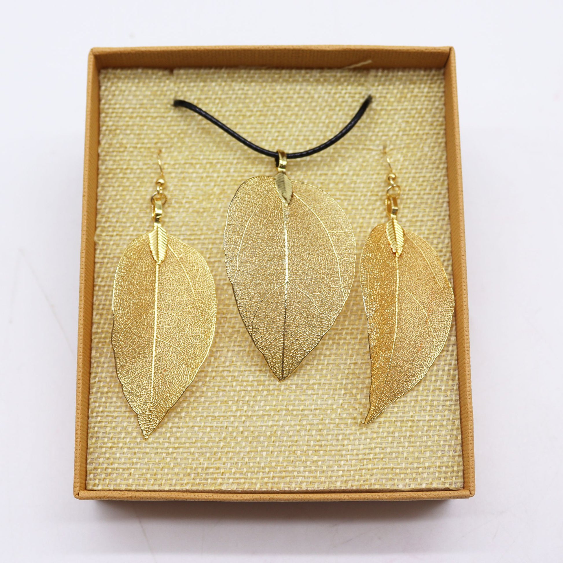 Real Leaf Necklace & Earring Set: Bravery Leaf - Gold