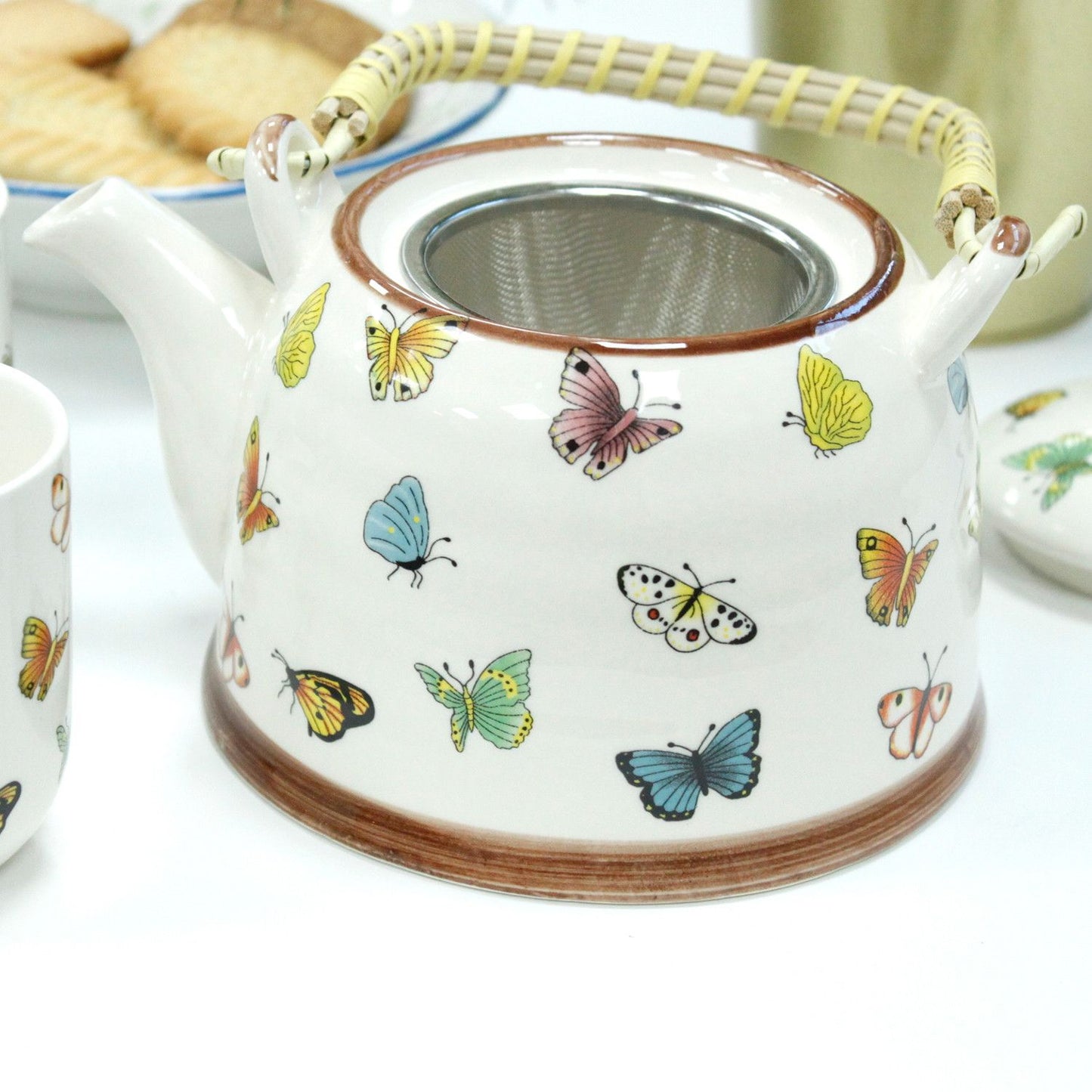 Herbal Teapot Set: Strainer & 6 Cups - Butterflies Pattern