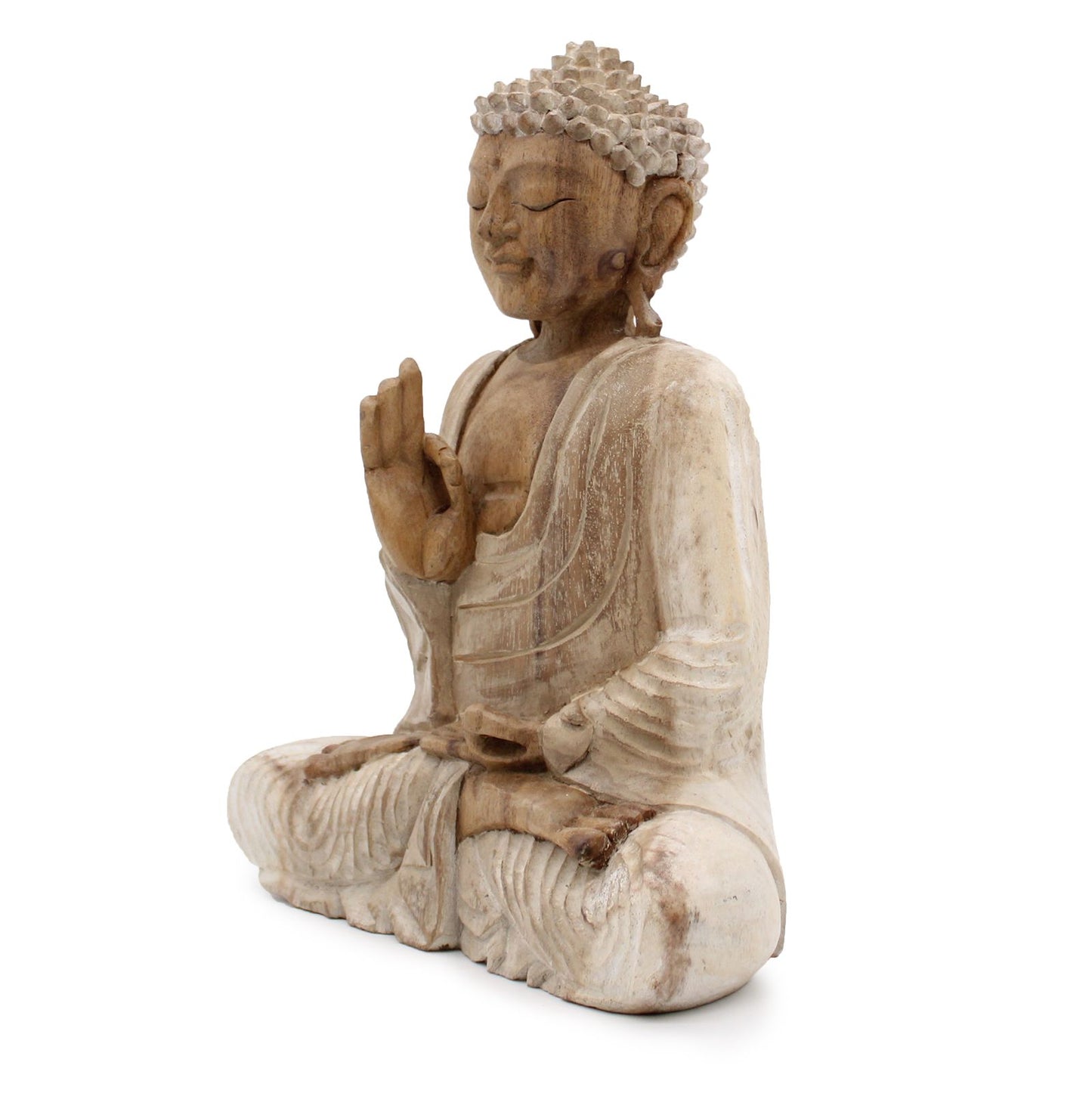 Buddha Teaching Statue Whitewash: Hand-Carved Suar Wood - 30cm