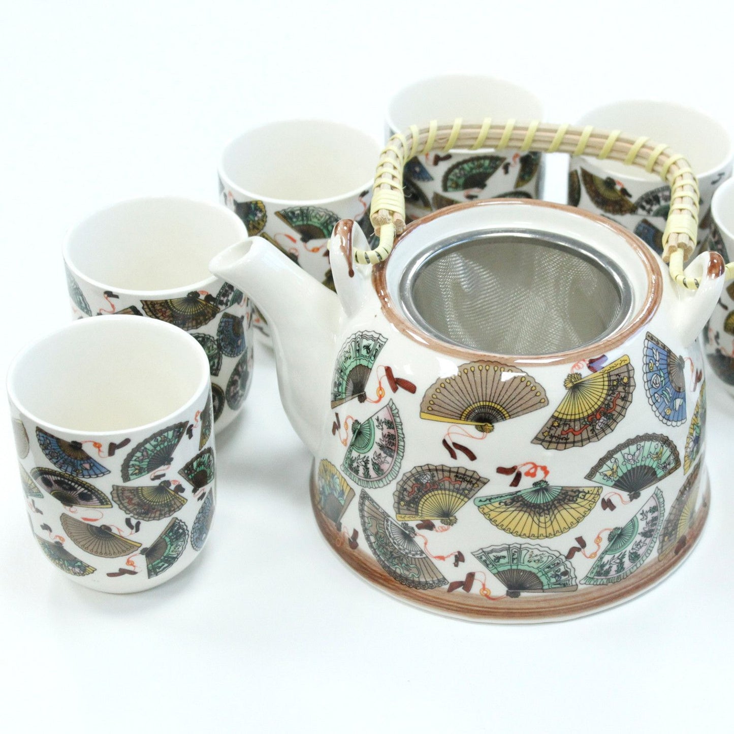 Herbal Teapot Set: Strainer & 6 Cups - China Fans Pattern