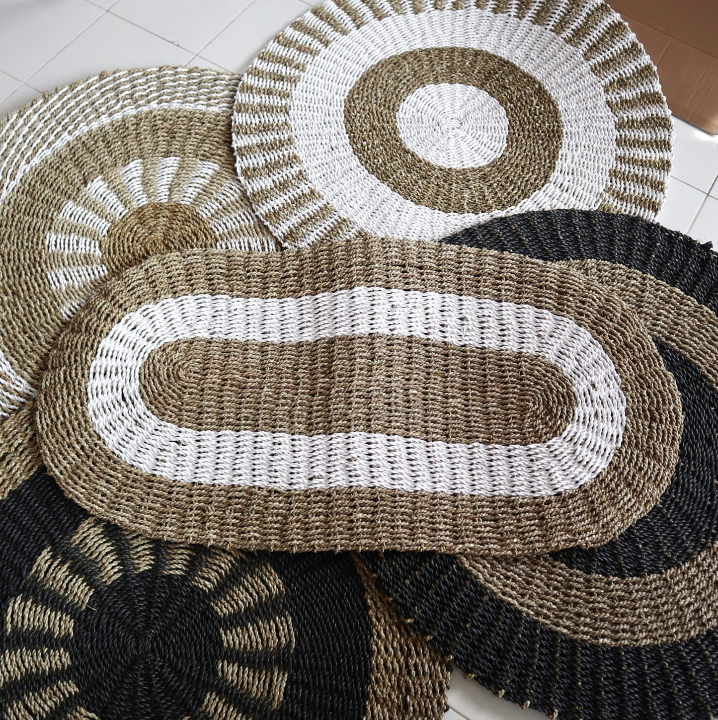 Handwoven Oval Tan & White Seagrass Rug - 60x120cm