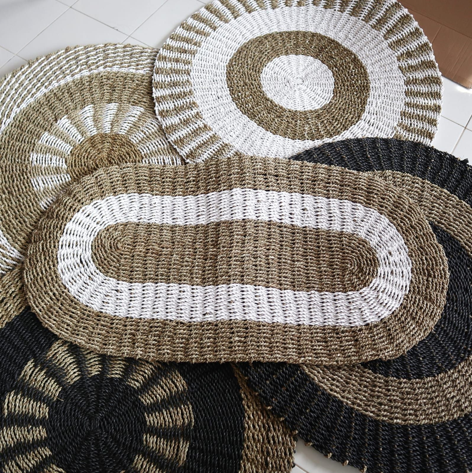 Handwoven Oval Tan & White Seagrass Rug - 60x120cm