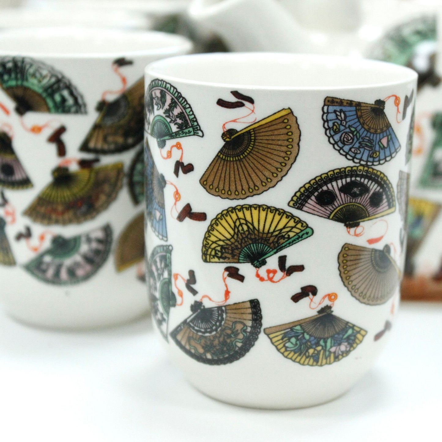 Herbal Teapot Set: Strainer & 6 Cups - China Fans Pattern