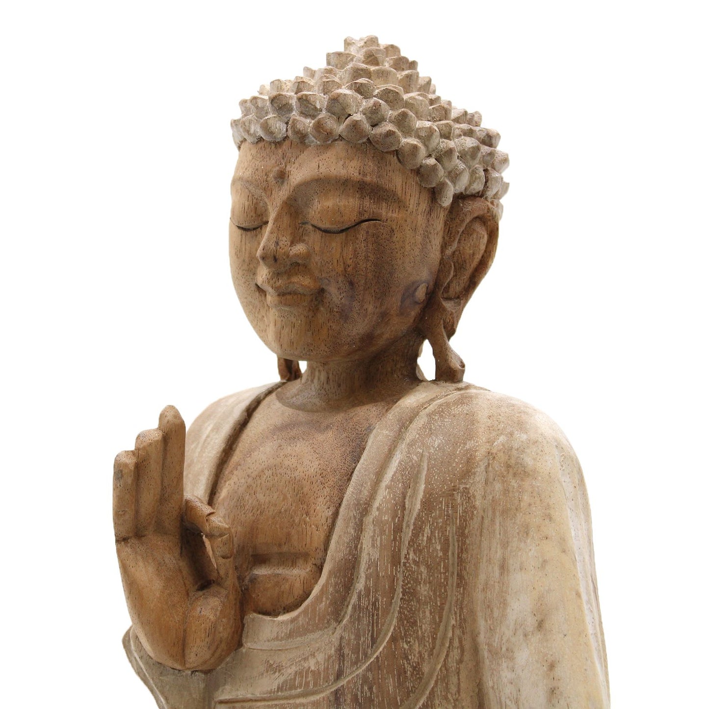 Buddha Teaching Statue Whitewash: Hand-Carved Suar Wood - 30cm
