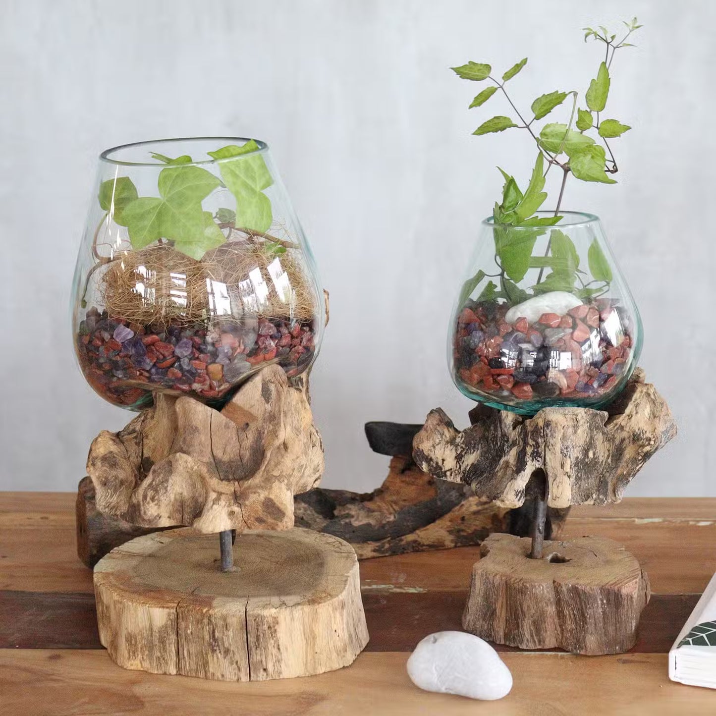 Unique Recycled Glass & Wood Vase: Balinese Art Home Decor