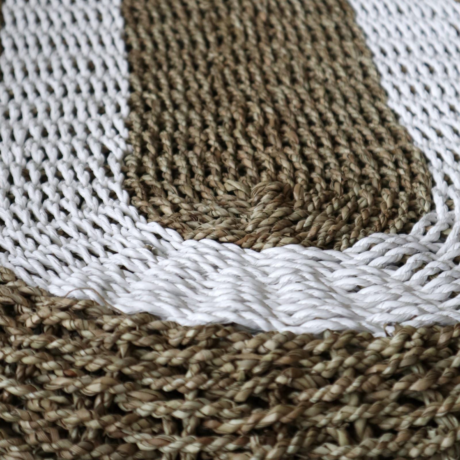 Handwoven Oval Tan & White Seagrass Rug - 60x120cm