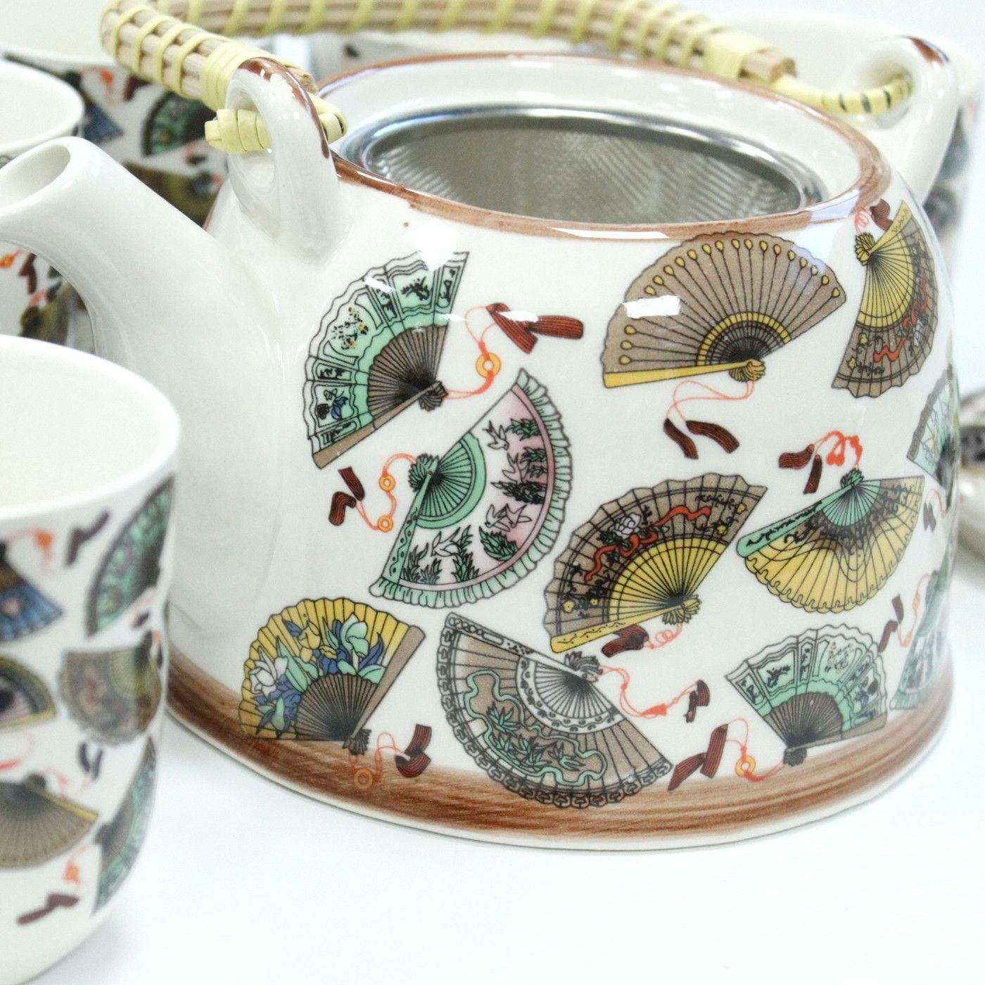 Herbal Teapot Set: Strainer & 6 Cups - China Fans Pattern