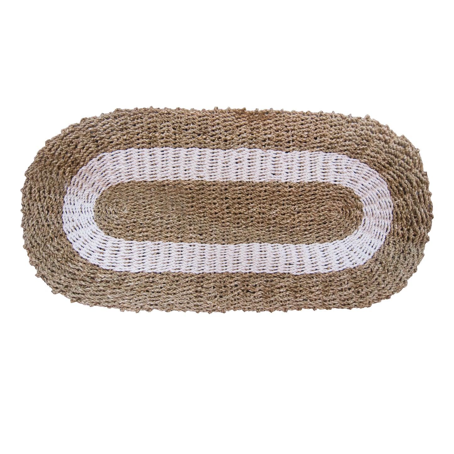 Handwoven Oval Tan & White Seagrass Rug - 60x120cm