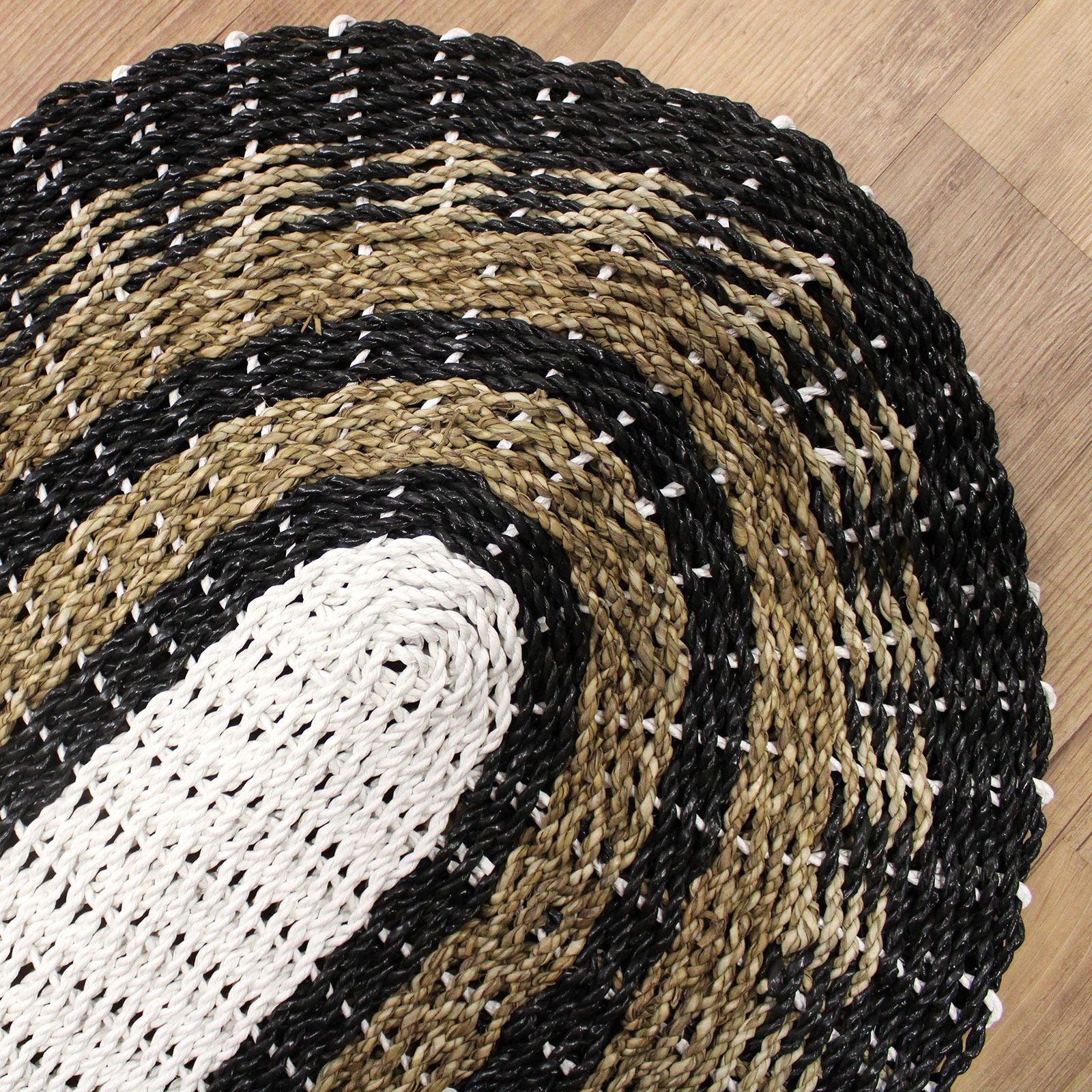 Handwoven Oval Black, White & Tan Seagrass Rug - 60x120cm
