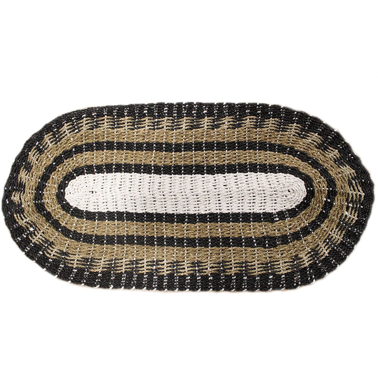 Handwoven Oval Black, White & Tan Seagrass Rug - 60x120cm