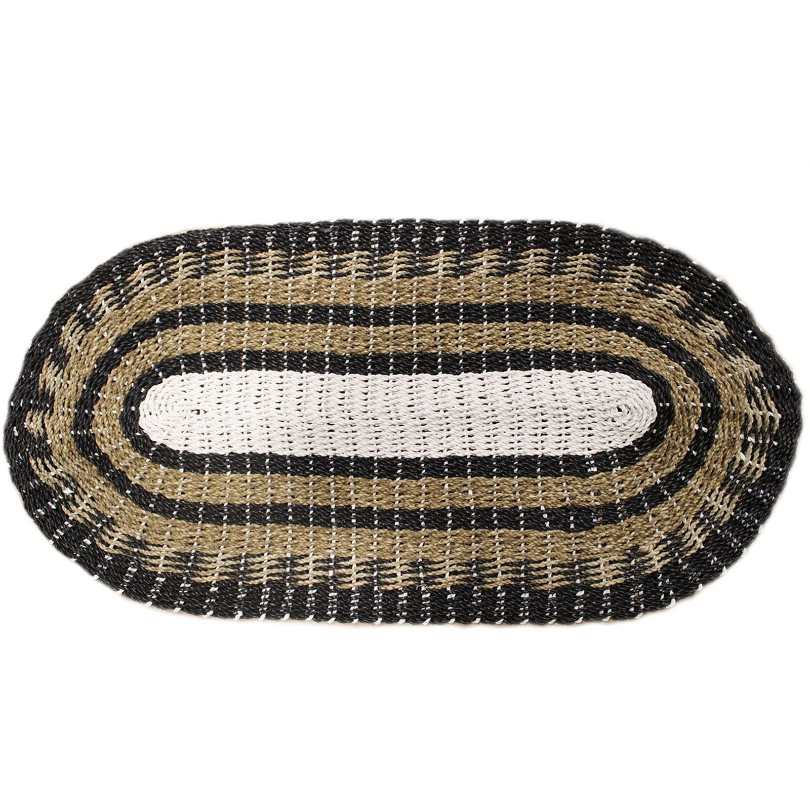 Handwoven Oval Black, White & Tan Seagrass Rug - 60x120cm