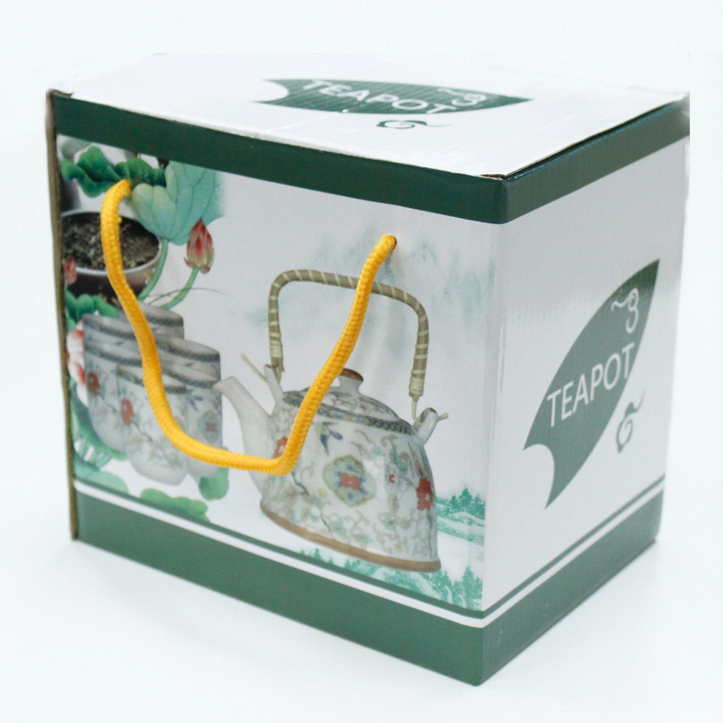 Herbal Teapot Set: Strainer & 6 Cups - China Fans Pattern