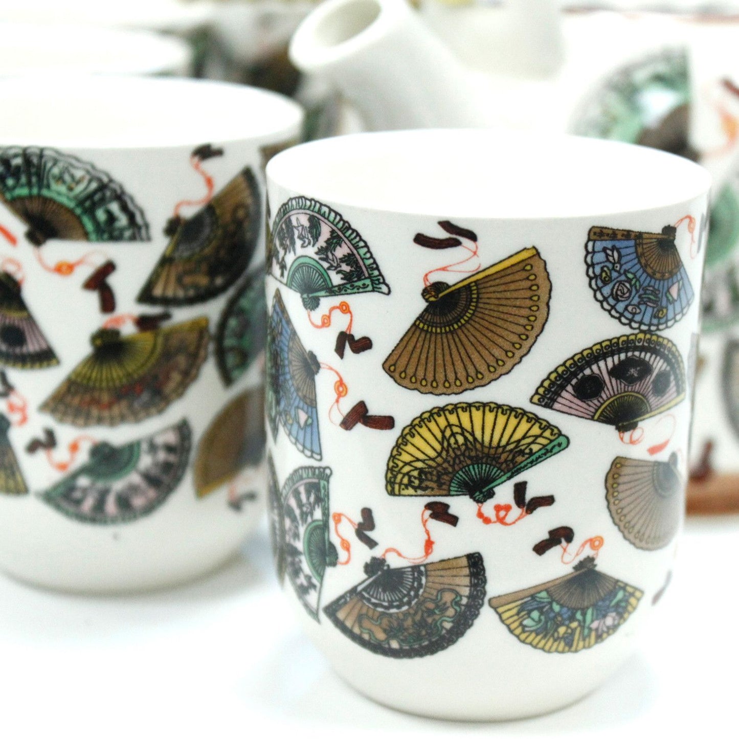 Herbal Teapot Set: Strainer & 6 Cups - China Fans Pattern