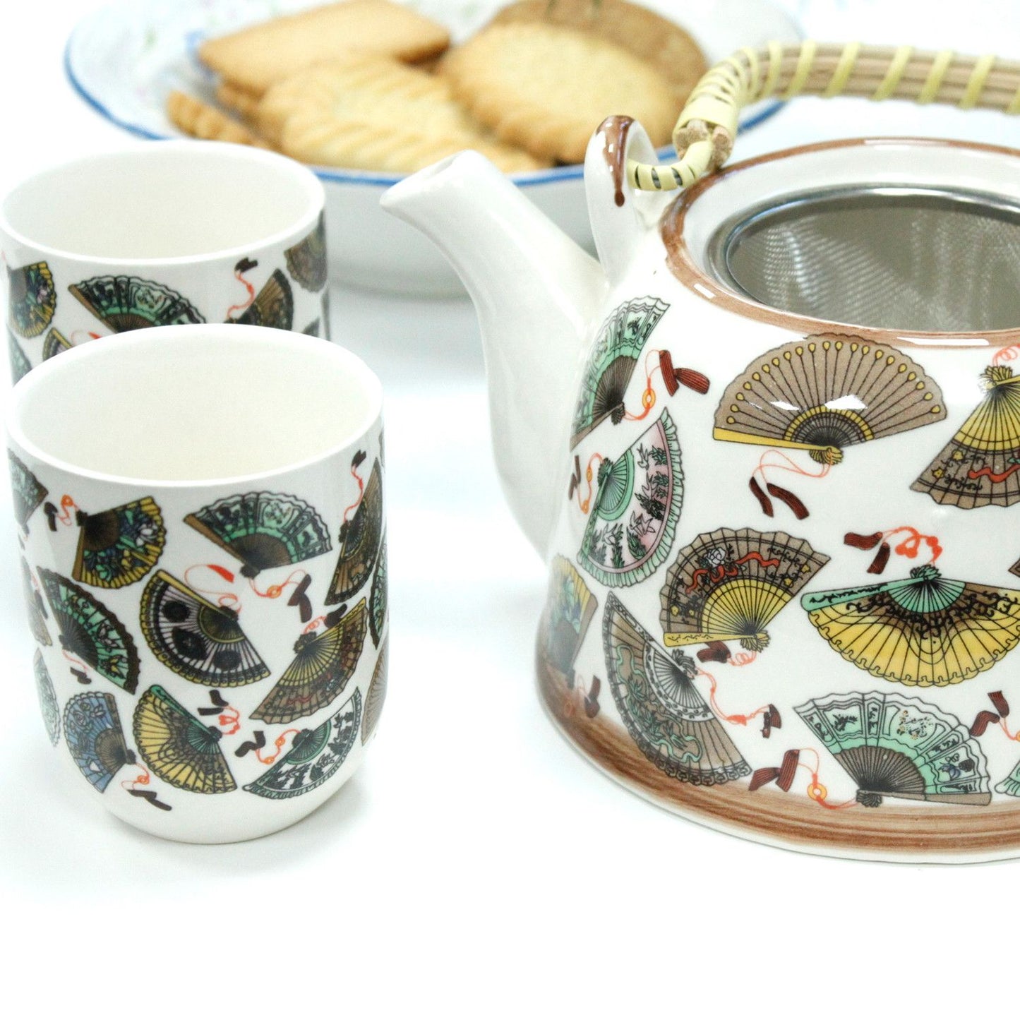 Herbal Teapot Set: Strainer & 6 Cups - China Fans Pattern