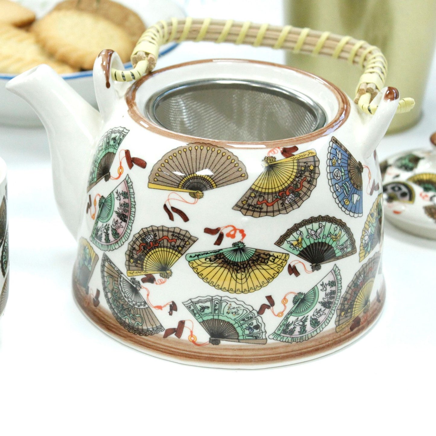 Herbal Teapot Set: Strainer & 6 Cups - China Fans Pattern