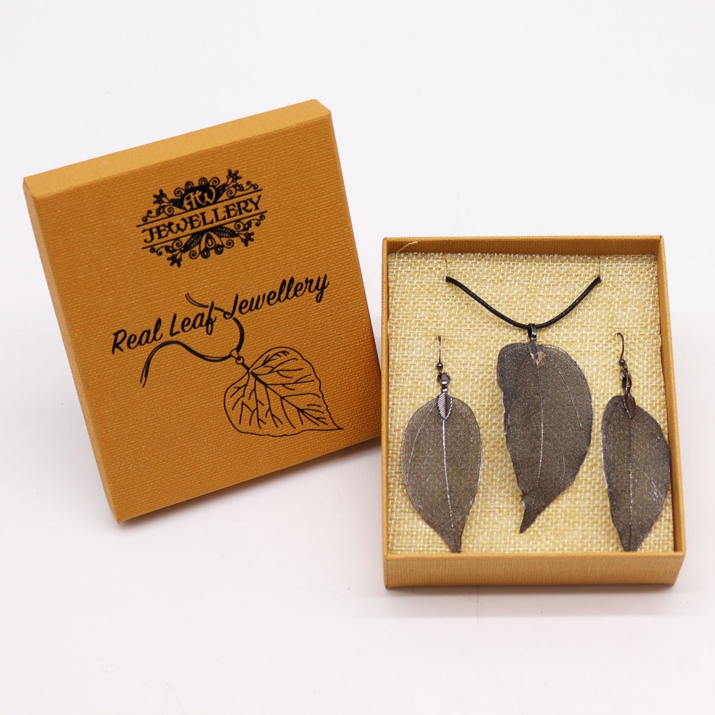 Real Leaf Necklace & Earring Set: Bravery Leaf - Pewter