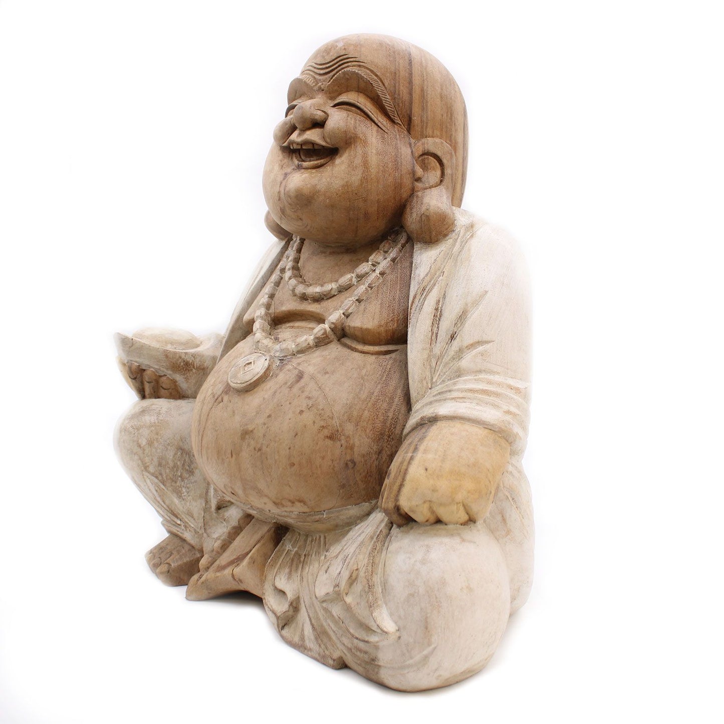 Happy Buddha: Serene Whitewash Wood Statue - 50cm