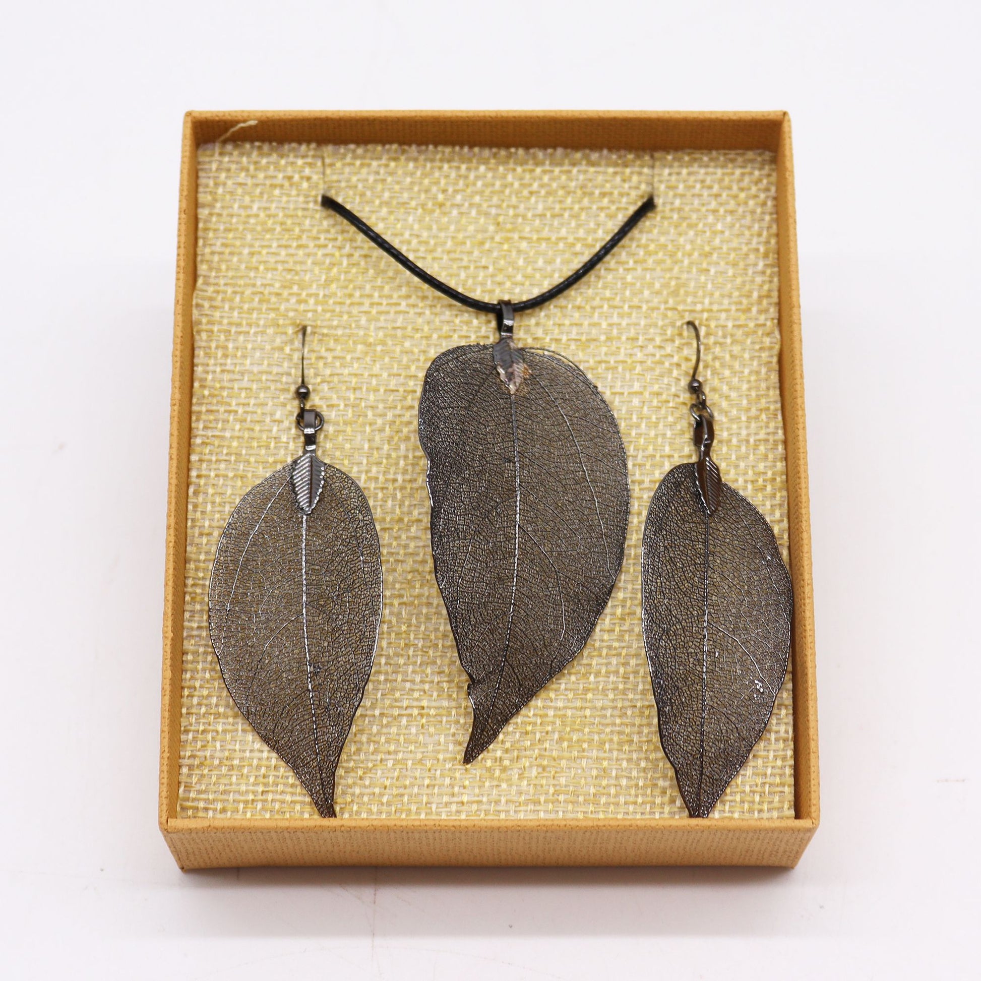 Real Leaf Necklace & Earring Set: Bravery Leaf - Pewter