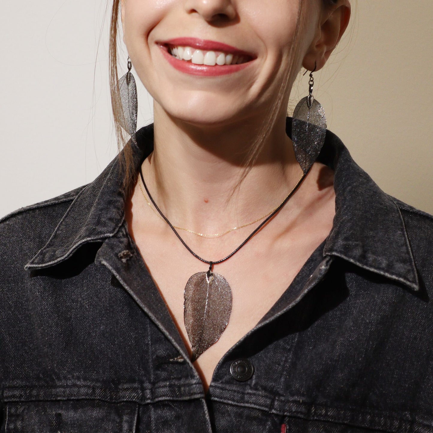Real Leaf Necklace & Earring Set: Bravery Leaf - Pewter