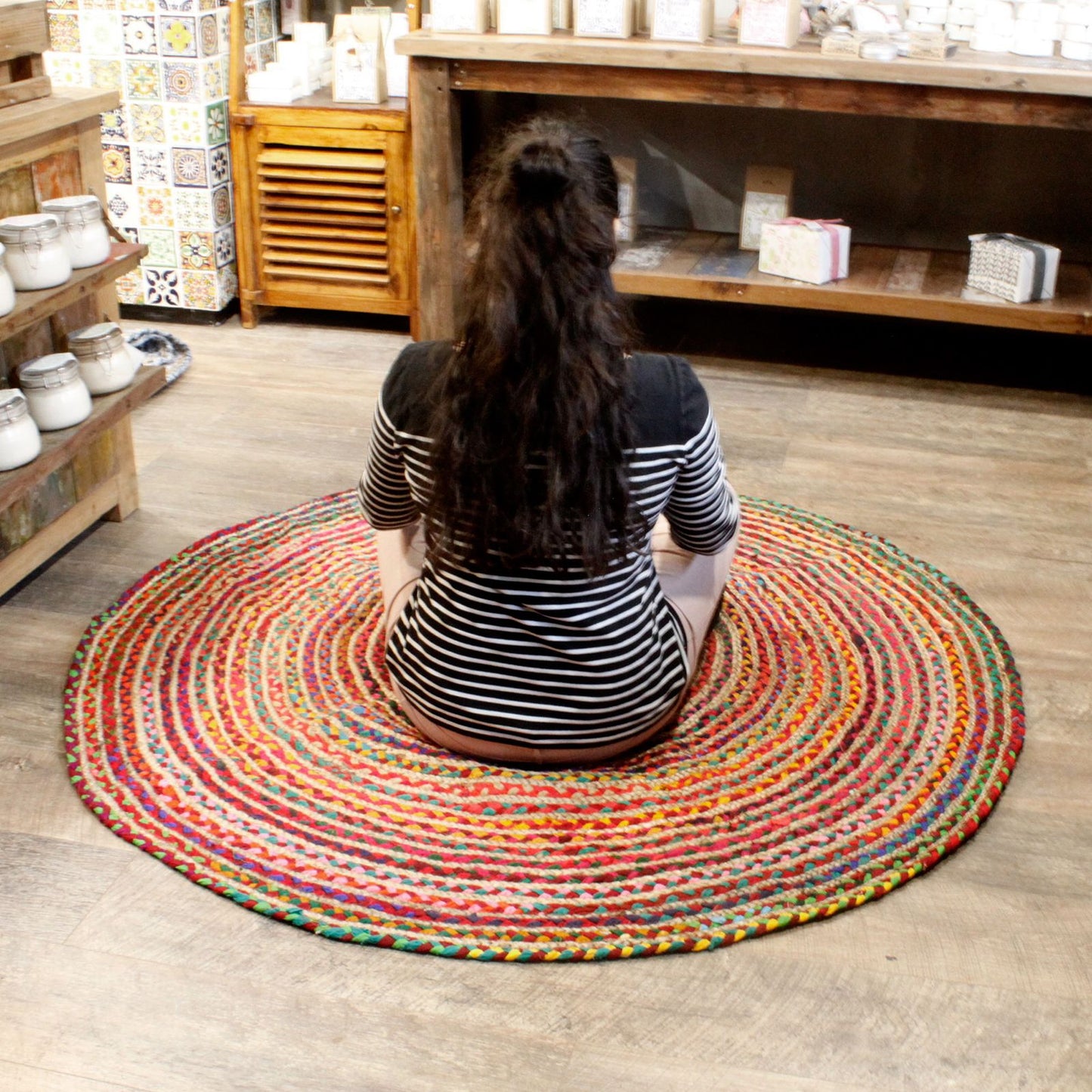 Handwoven Round Jute & Recycled Cotton Rug - 150cm