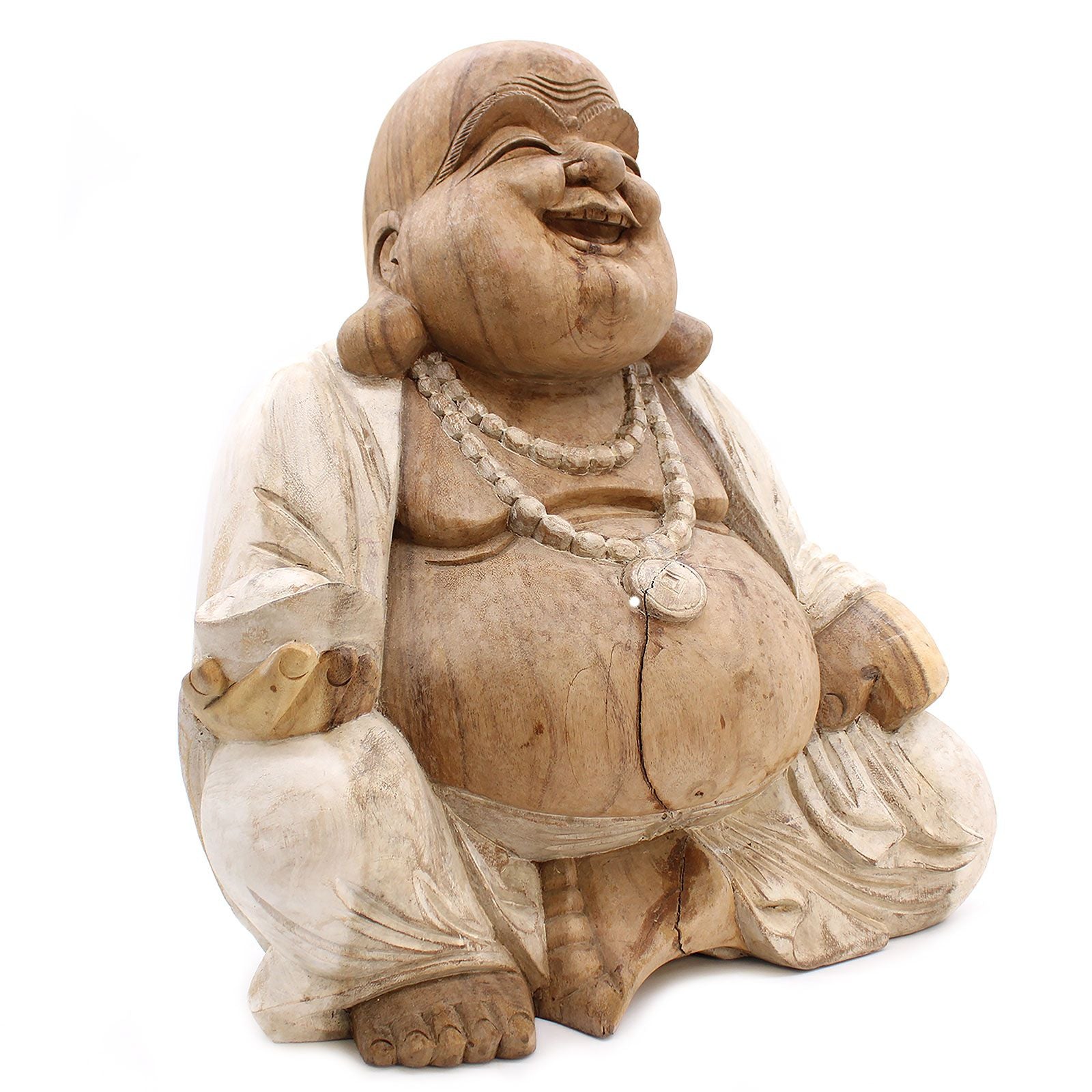 Happy Buddha: Serene Whitewash Wood Statue - 50cm