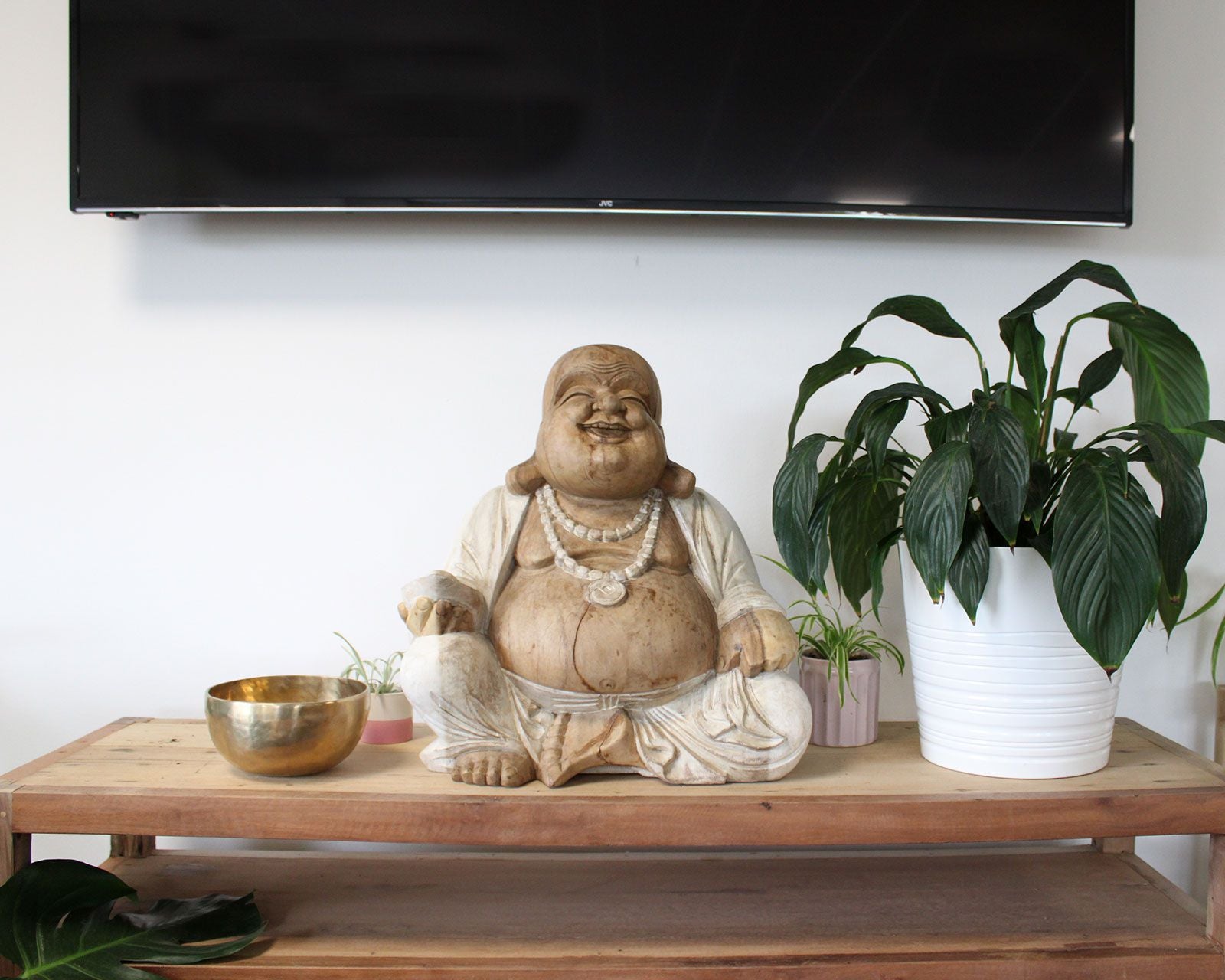 Happy Buddha: Serene Whitewash Wood Statue - 50cm