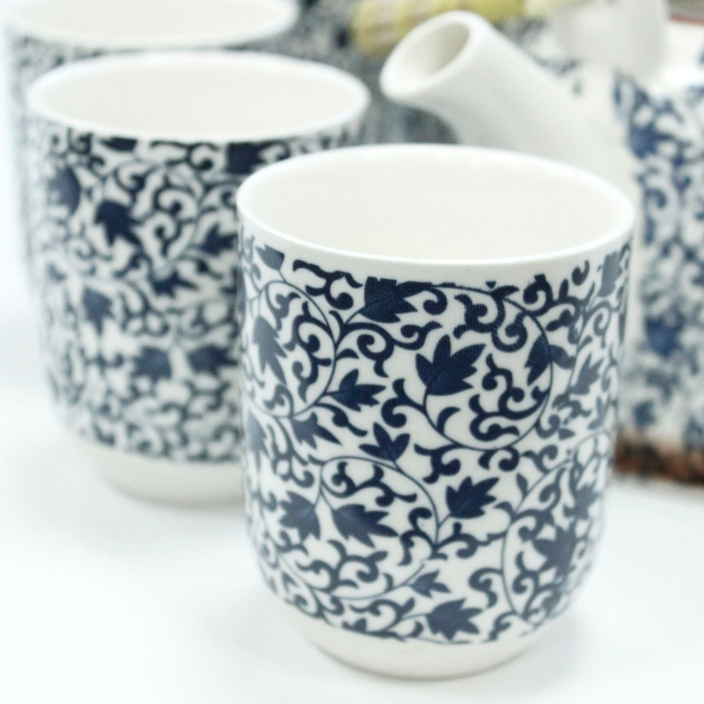 Herbal Teapot Set: Strainer & 6 Cups - Blue Pattern