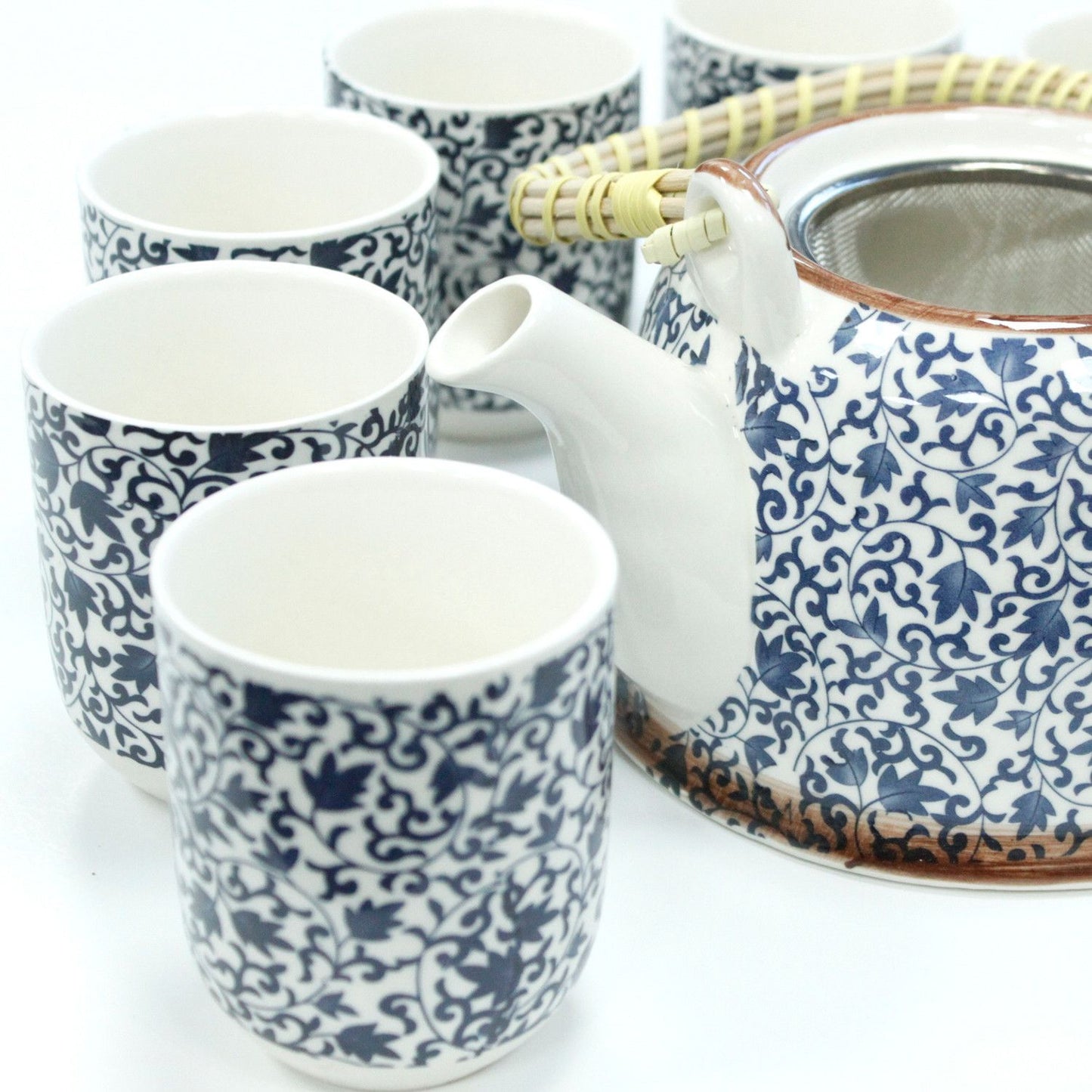 Herbal Teapot Set: Strainer & 6 Cups - Blue Pattern