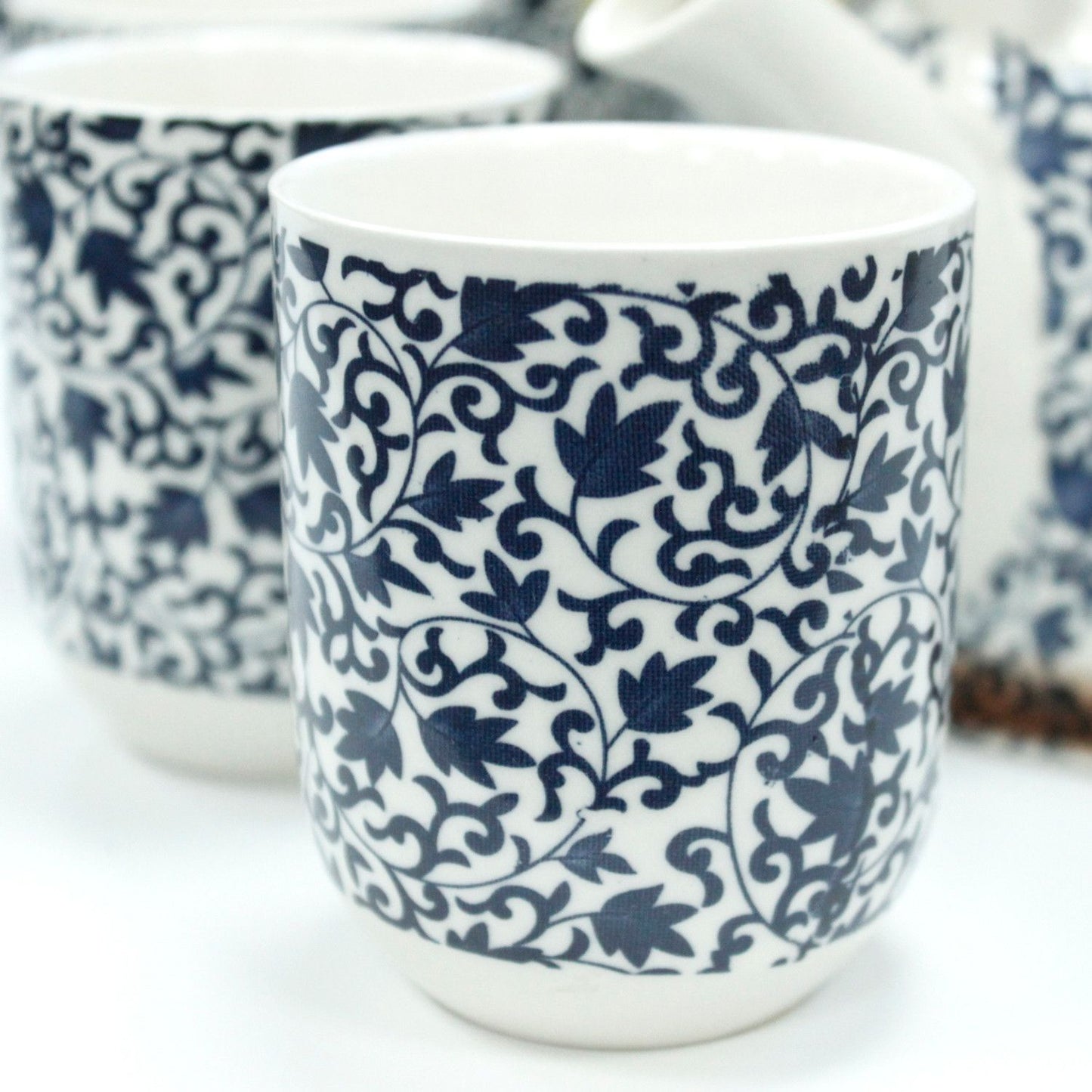 Herbal Teapot Set: Strainer & 6 Cups - Blue Pattern
