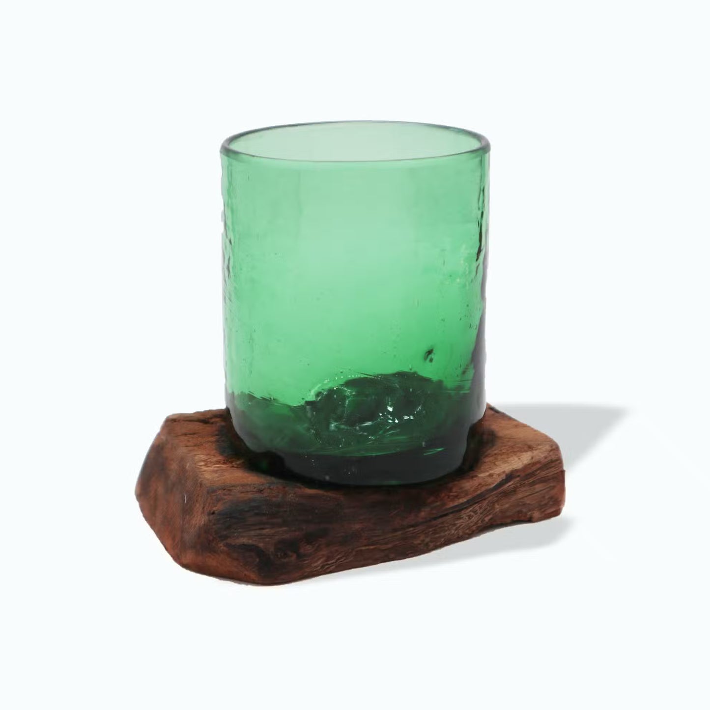 Green Molten Beer Bottle Glass & Wood Bowl