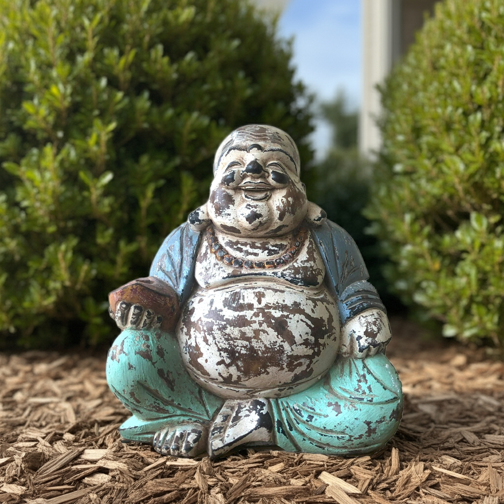 Vintage Blue Mint Happy Buddha: Hand-Carved - 30cm