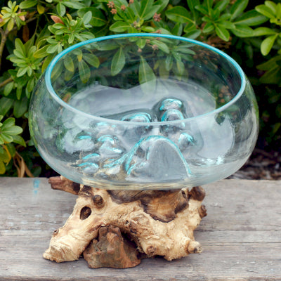 Balinese Gamal Wood & Molten Glass Bowl - Unique Hand-Blown Art