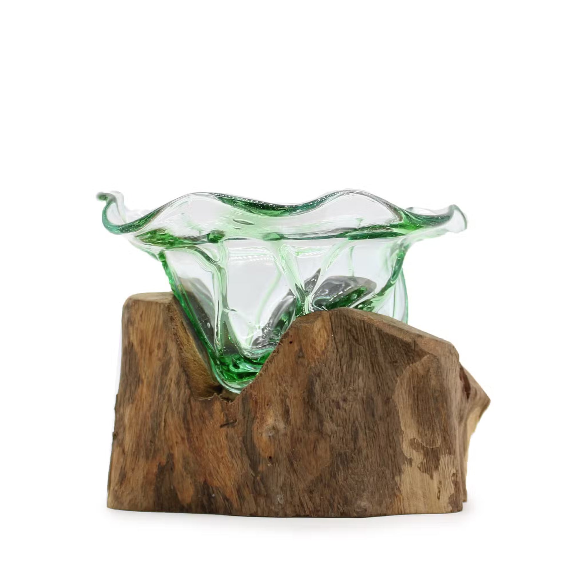 Hand-Melted Beer Bottle Bowl on Wood: Eco-Friendly Green Glass Art