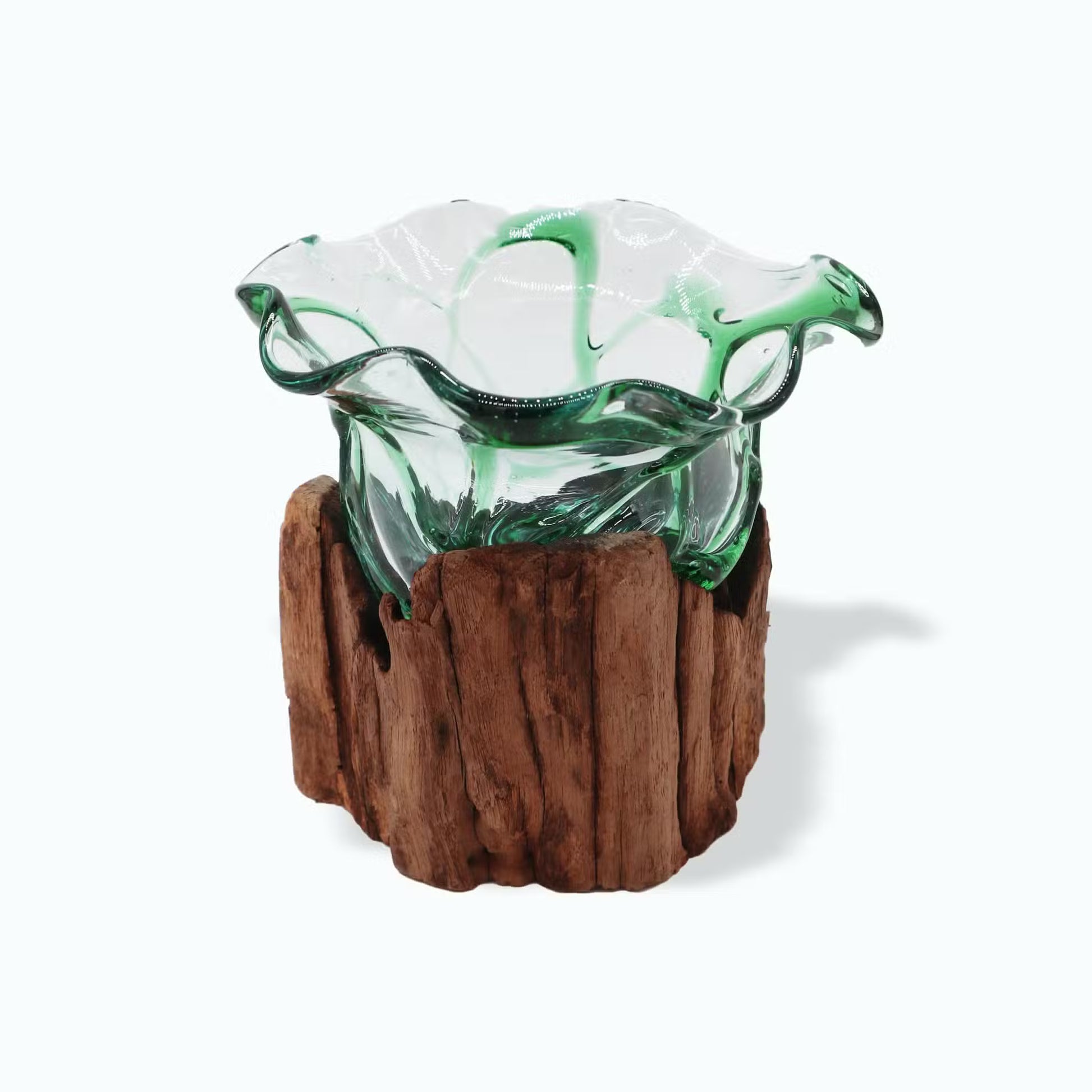 Hand-Melted Beer Bottle Bowl on Wood: Eco-Friendly Green Glass Art