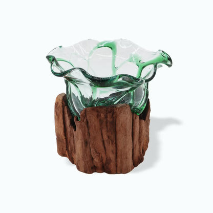 Hand-Melted Beer Bottle Bowl on Wood: Eco-Friendly Green Glass Art