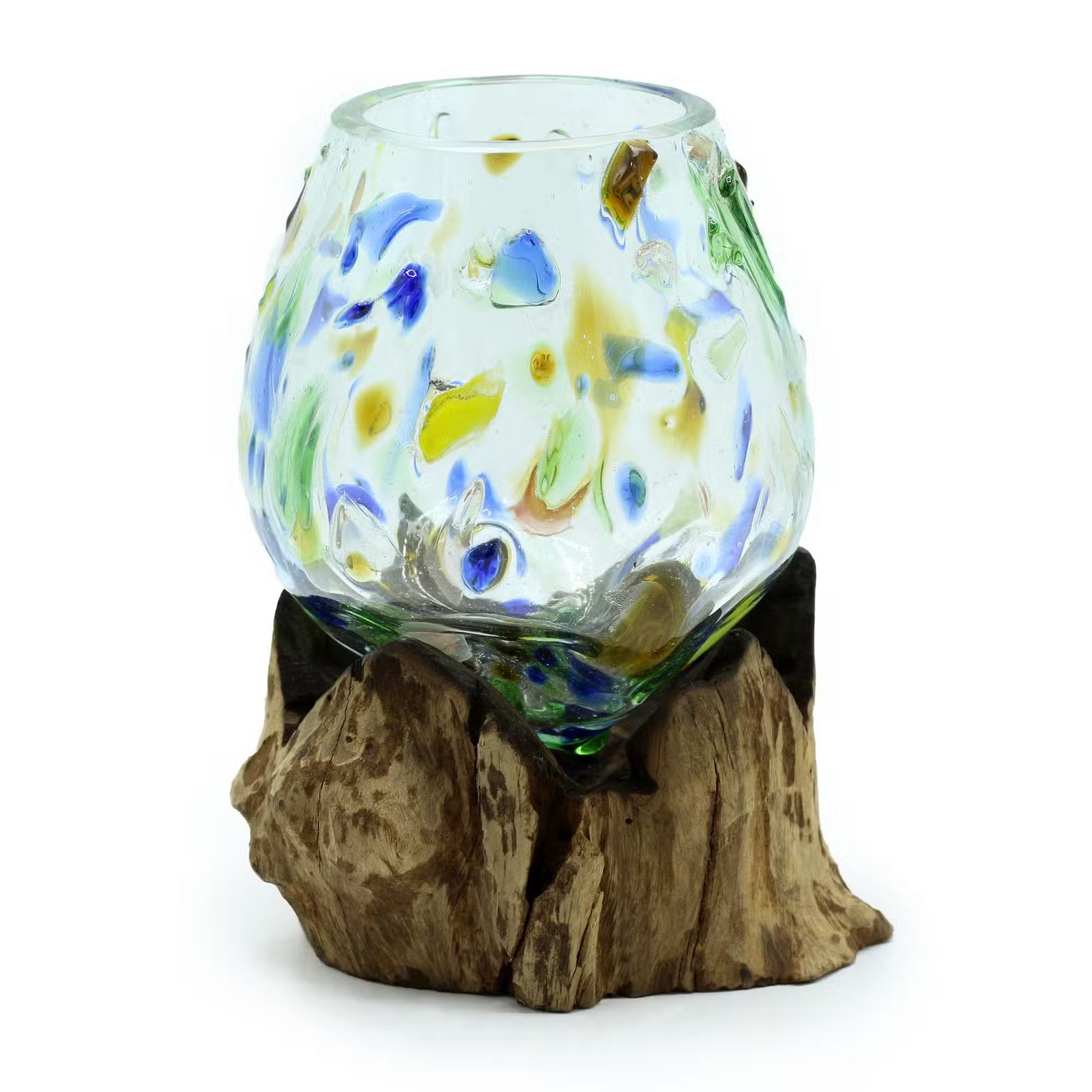 Hand-Blown Coloured Glass & Natural Wood Sculpture